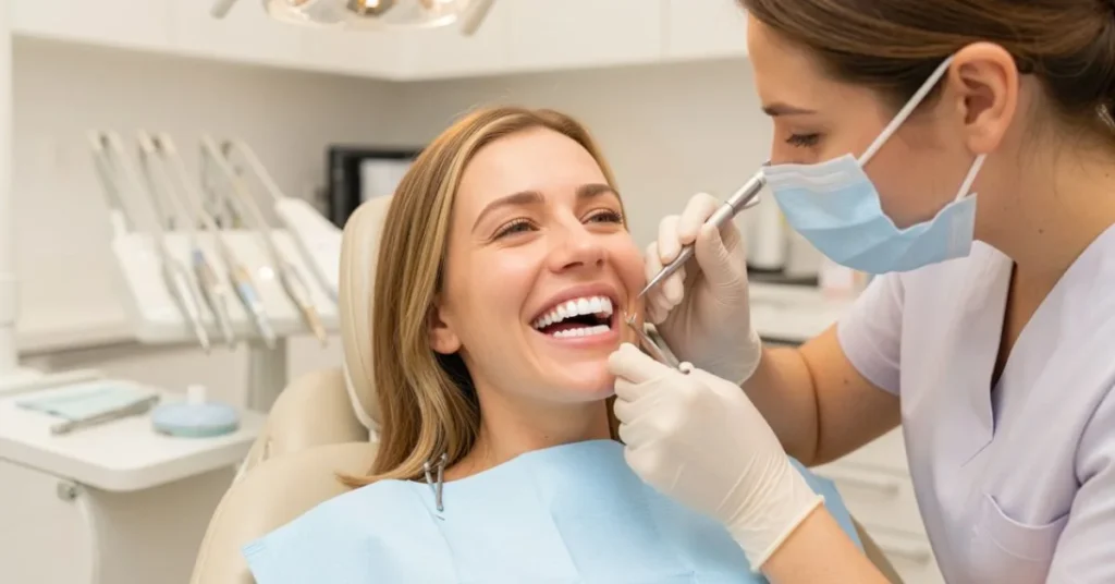 Patient smiling during professional teeth whitening at dental clinic
