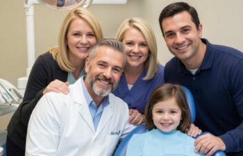 Family dentist with parents and child at dental clinic
